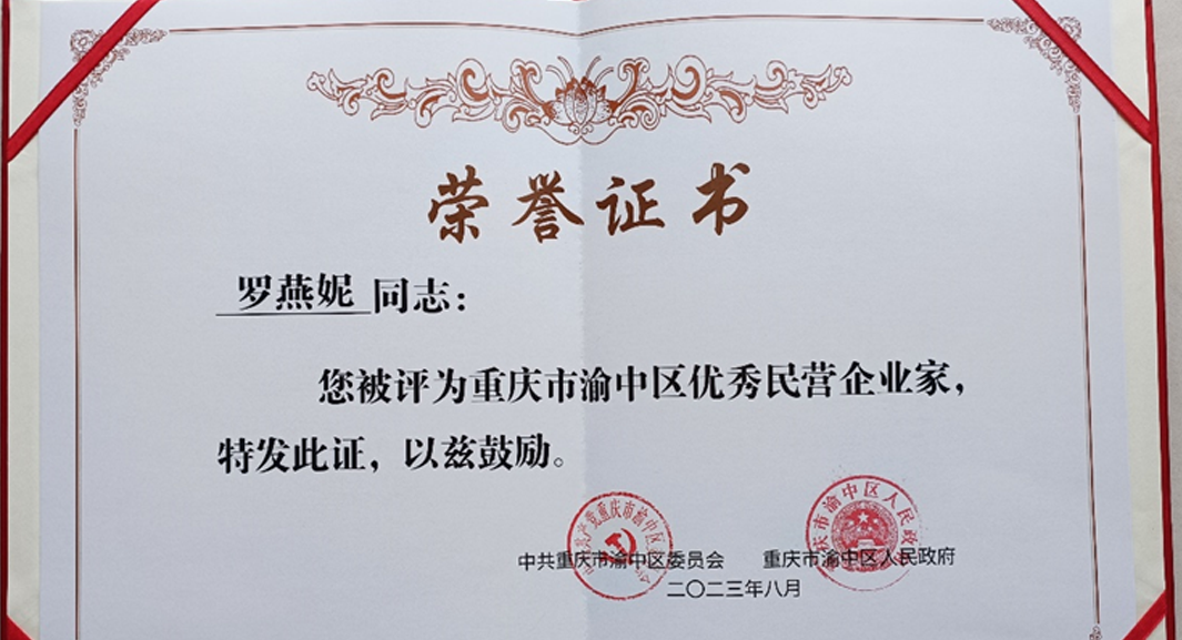 祝贺！太阳GG娱乐集团重庆公司总经理罗燕妮被评为“重庆市渝中区优秀民营企业家”